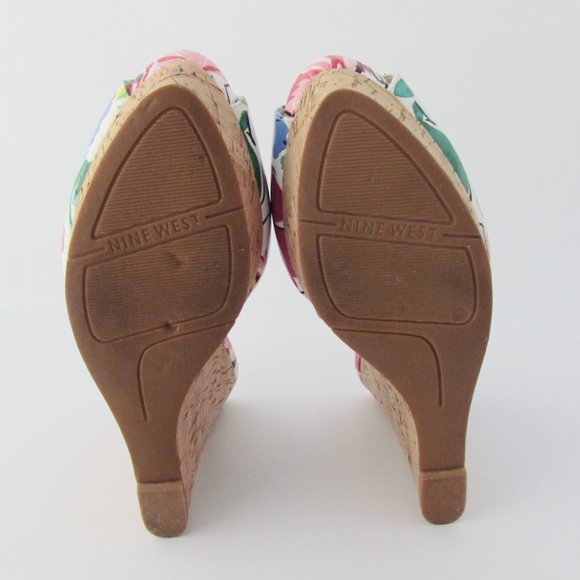 Nine West Leggyr FLORAL WEDGE SANDAL Platform Peep-Toe Cork Slingback 9 M - Picture 7 of 11